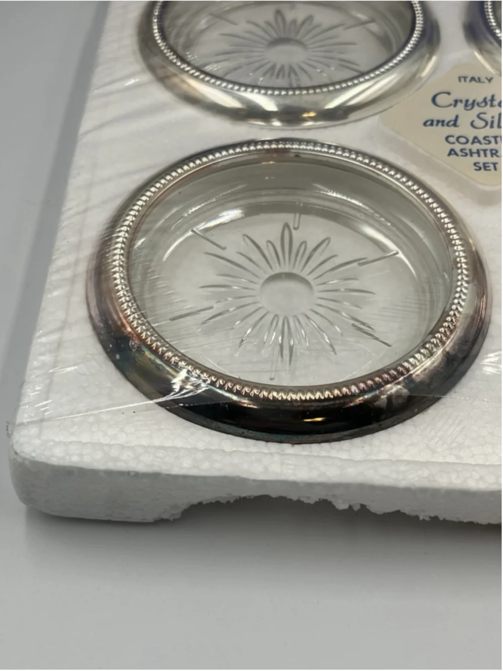 VTG Leonard Crystal Silver Plated 4 Coasters Starburst Pattern ITALY 25th Anniv